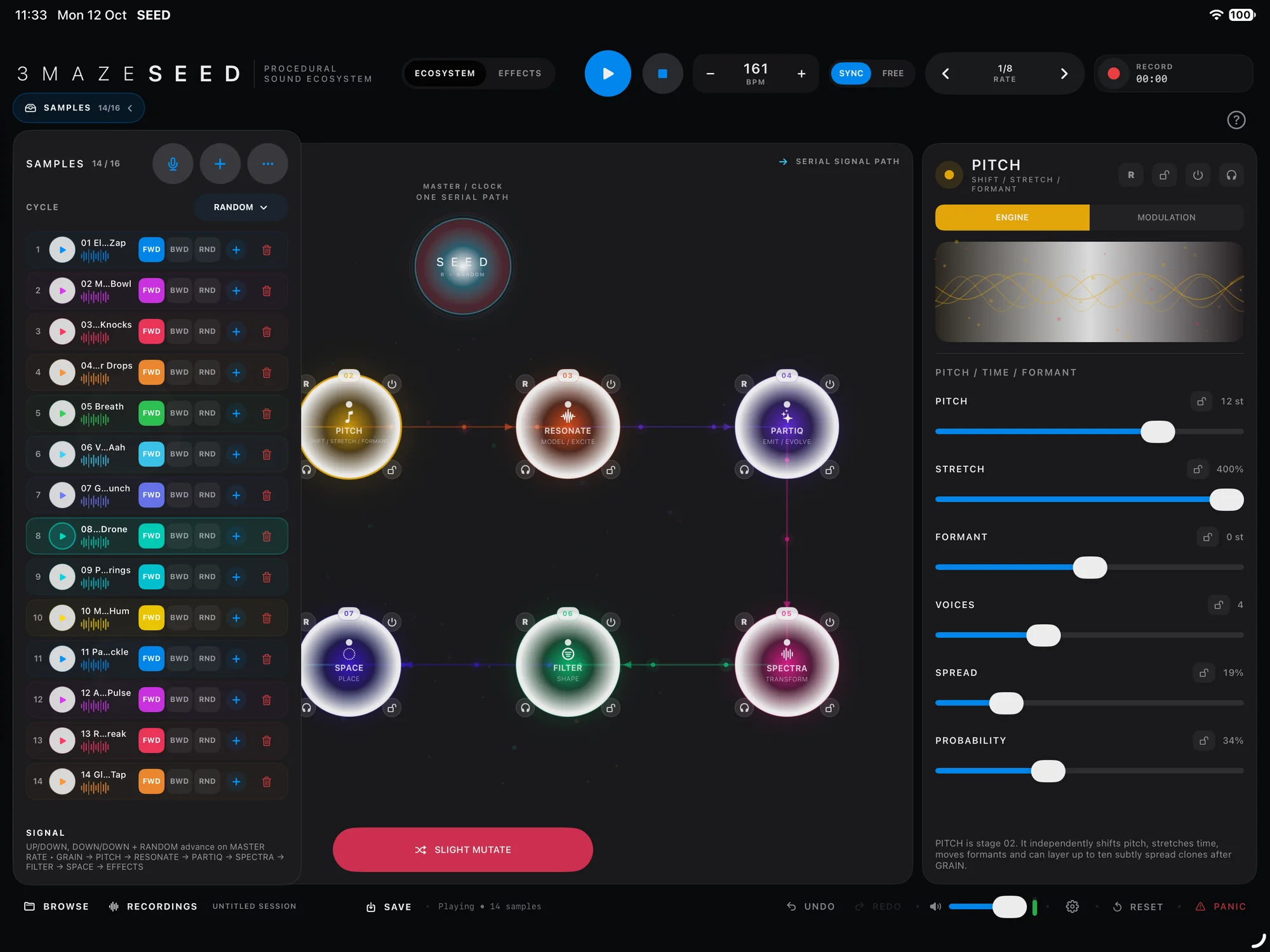 SEED in dark mode with the Samples drawer open, listing 14 sounds, beside the ecosystem and the PITCH controls.